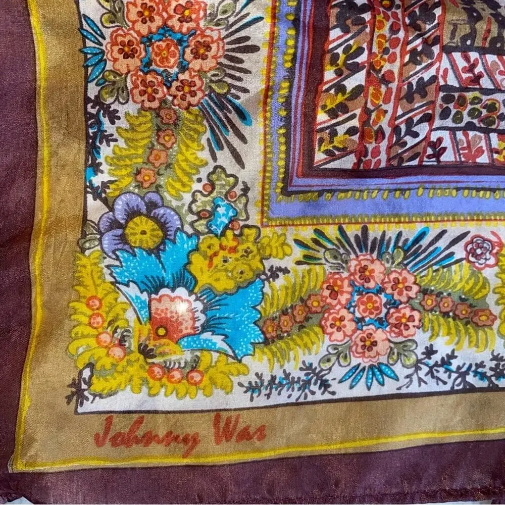 Johnny Was $110 Silk Boho Brown Gold Turquoise Block Print Tassel Scarf EUC